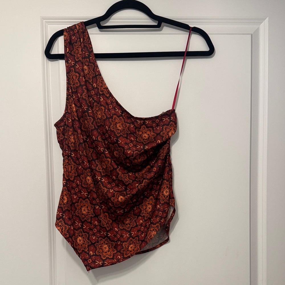 Free People Asymmetric One Shoulder Draped Top Boho Print Size M